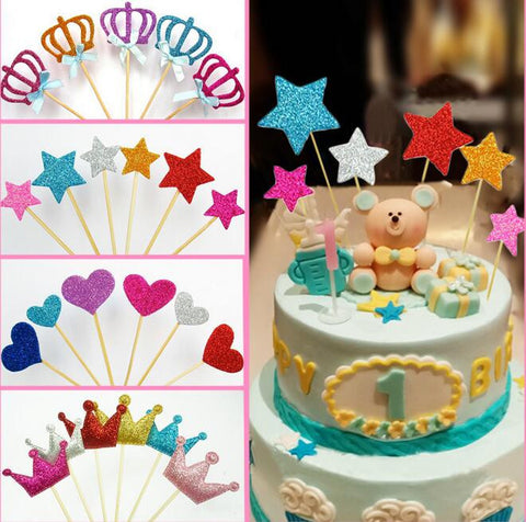 shiny heart star crown cake toppers paper cards banner for Cupcake Wrapper Baking Cup wedding birthday tea party decoration - Merrygo