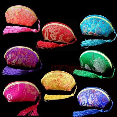 Silk Fabric Small Shell Wedding Favor Candy Bags Tassel Decorative Zipper Chinese Floral Coin Purse Jewelry Gift Packaging Case - Merrygo