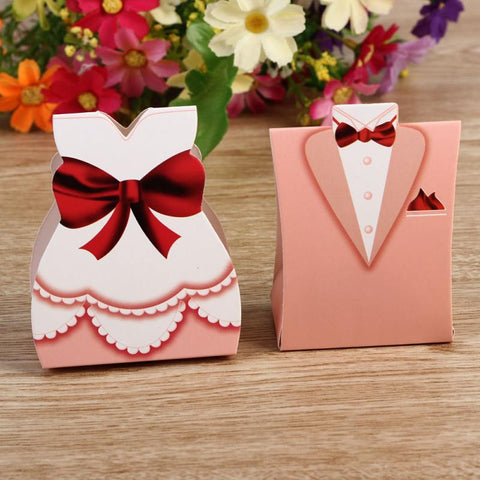 Fashion Pink Bride Groom Tuxedo Dress Gown Wedding Favors Candy Gift Box 50pcs - Merrygo