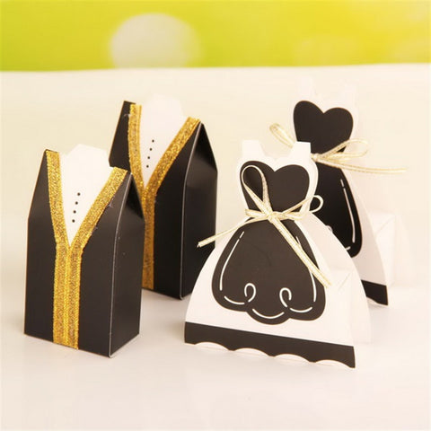 Party Wedding Favor Boxes Bride DRESS and Groom TUXEDO Candy Box with Ribbon Items Accessories 24pcs - Merrygo