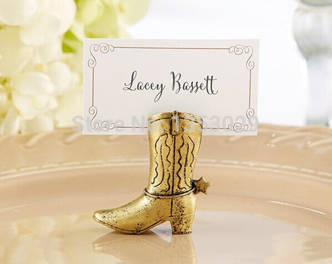 Free Shipping 12pcs/lot New Arrival Wedding Favor Seat Card Gold Resin Cowboy Boot Place Card Holder Paper Place Table Card Seat - Merrygo