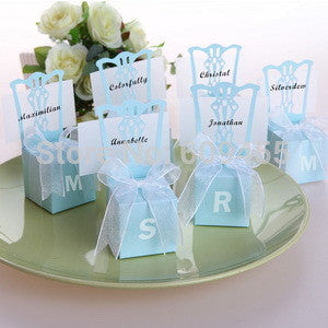 NEW ARRIVAL+Monogram Initial Blue Chair Favor Box with Ribbon Customized Logo Candy Box+100ppcs/lot+FREE SHIPPING - Merrygo