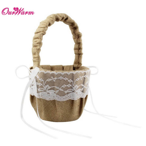 Burlap Lace Flower Basket with Bow Ribbon - Merrygo