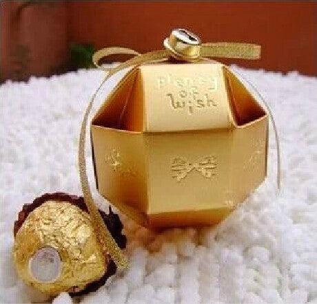 New 100 PCS 6.5x4.5" Ball Favor Gift Candy Bomboniere Boxes Wedding Party Boxes,yellow gold ribbon bell round ball - Merrygo
