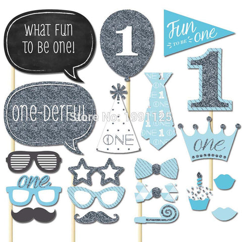 Set of 20 1st Birthday Boy Girl Photo Booth Props on A Stick DIY Kits Photobooth Fun to be One Party Decoration Centerpieces - Merrygo